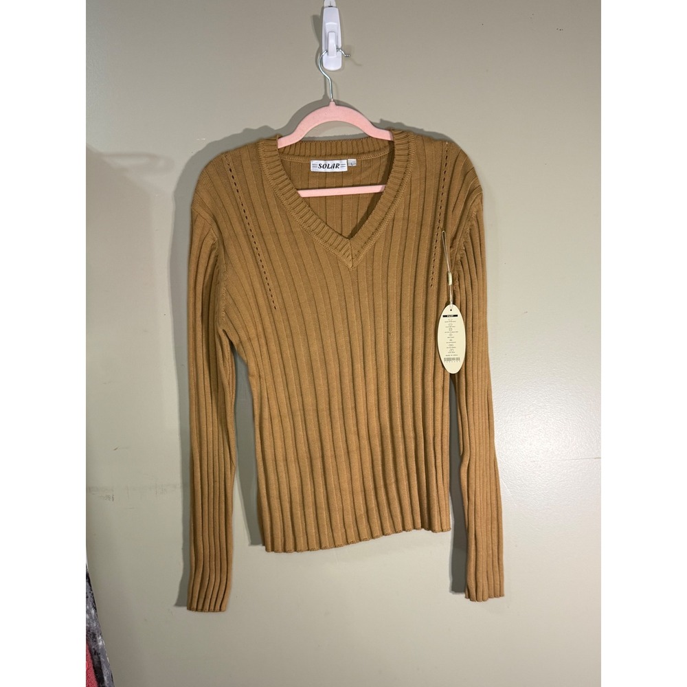 Solar Fashion Style Ribbed V-Neck Sweater Camel Tan Pointelle Knit Large NWT